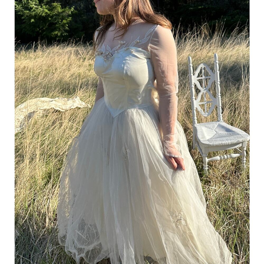 A Maurer Original Women's XS Dress Ivory Wedding Tulle Floral Edwardian Vintage